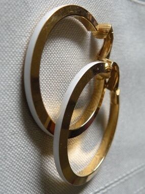 Vintage Crown Trifari White Enamel & Gold Tone Hoops Clip-on Earrings, over 1.5"